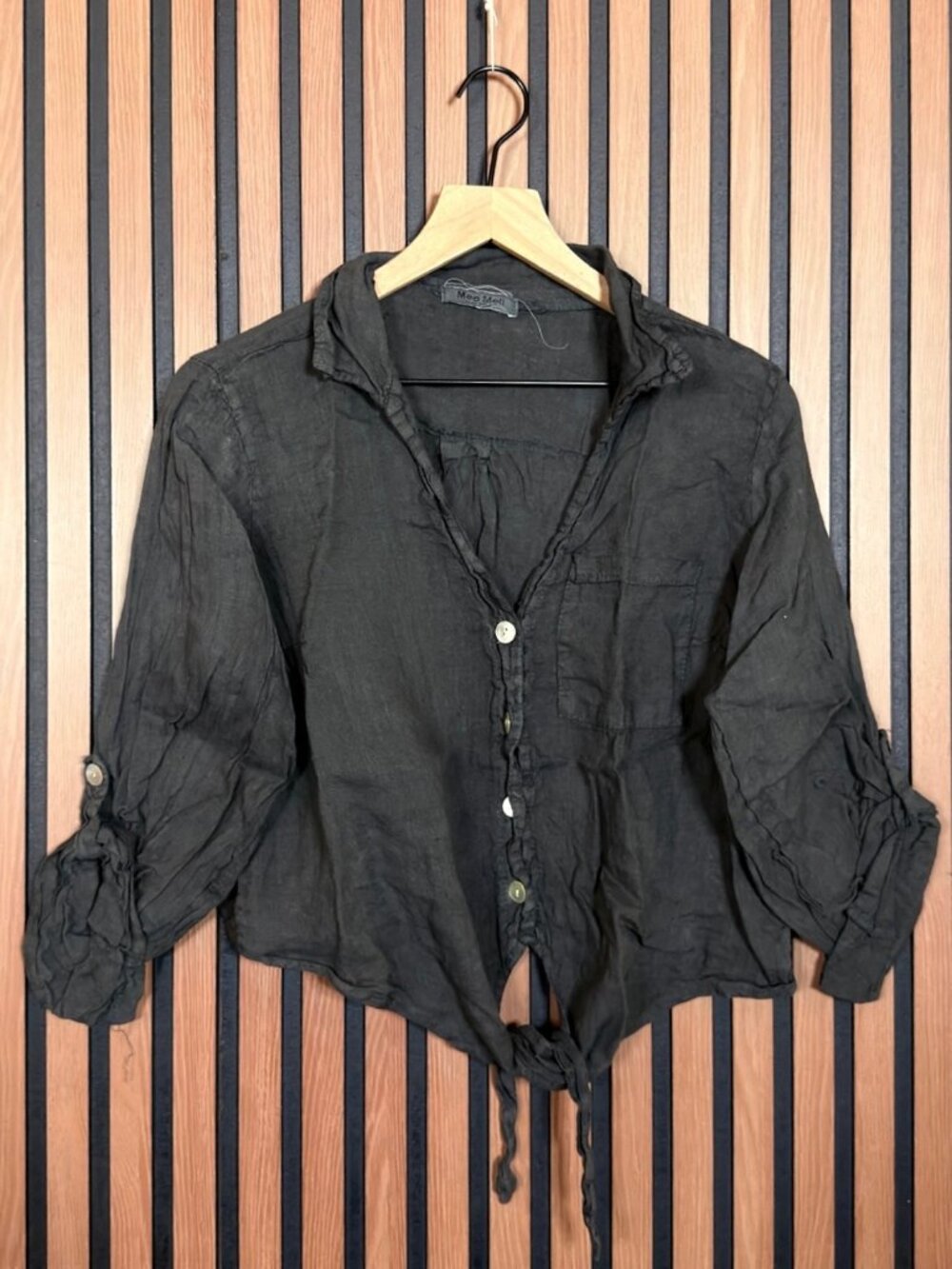 Meo Meli Top OS Womens Gray Long Sleeve 100% Linen Roll Tab Shirt
